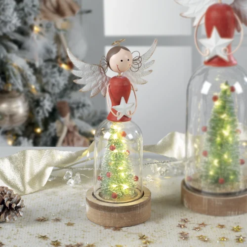 Campana LED angelo in legno, metallo e PC H. 24 cm