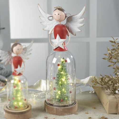 Campana LED angelo in legno, metallo e PC H. 34,5 cm