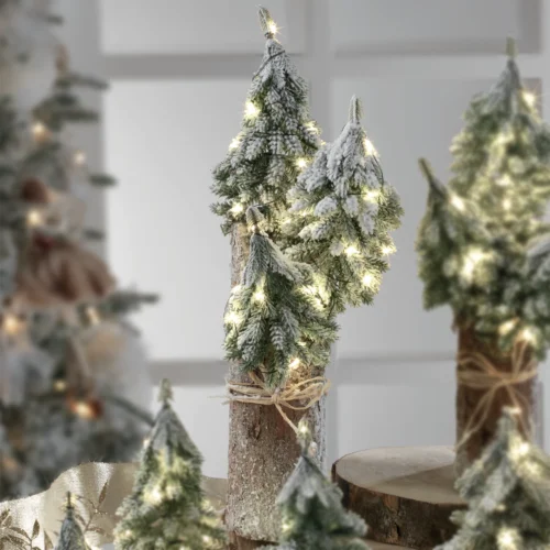 Base con alberi LED H. 38 cm composizione di 3 pini innevati
