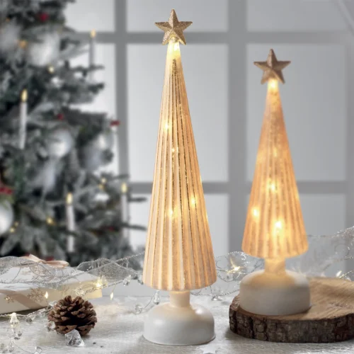 Albero LED H. 38,5 cm abete in vetro color panna e oro